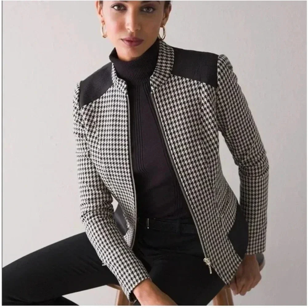 White House Black Market Urban Houndstooth Black/Camel Jacket Size 4 NWT